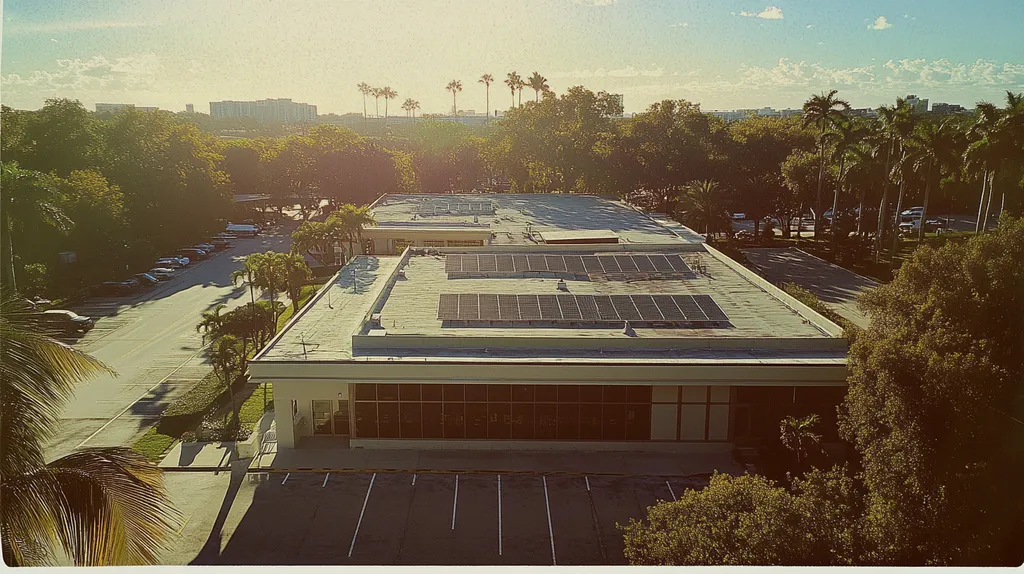A commercial roof on a public library in a location similar to Miami with a Polaroid aesthetic (AI image)