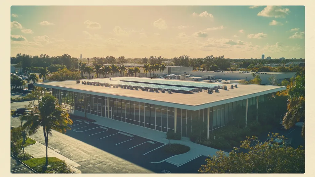 A commercial roof on a public library in a location similar to Miami with a Polaroid aesthetic (AI image)