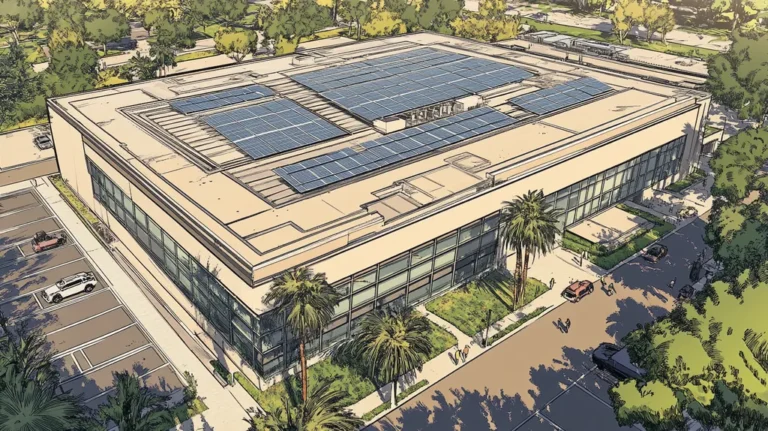A commercial roof on a public library in a location similar to Miami with a comic book style aesthetic (AI image)