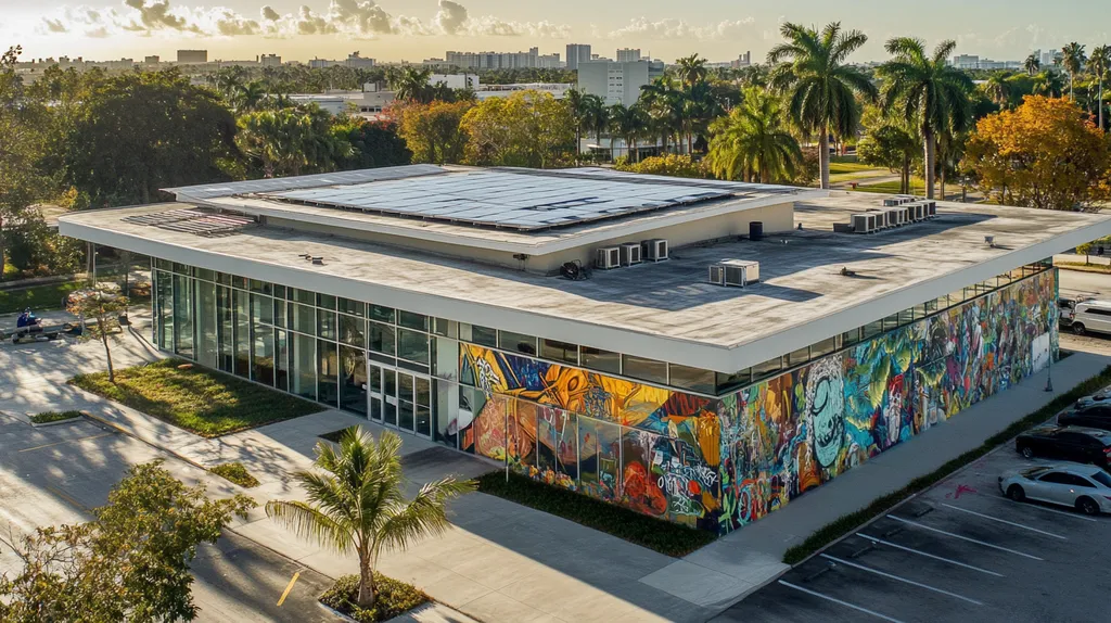A commercial roof on a public library in a location similar to Miami with a graffiti mural aesthetic (AI image)