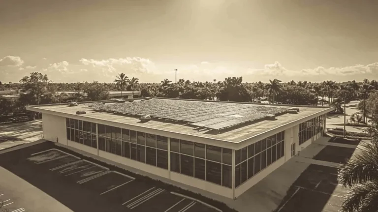 A commercial roof on a public library in a location similar to Miami with a tintype aesthetic (AI image)