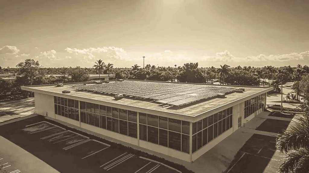 A commercial roof on a public library in a location similar to Miami with a tintype aesthetic (AI image)