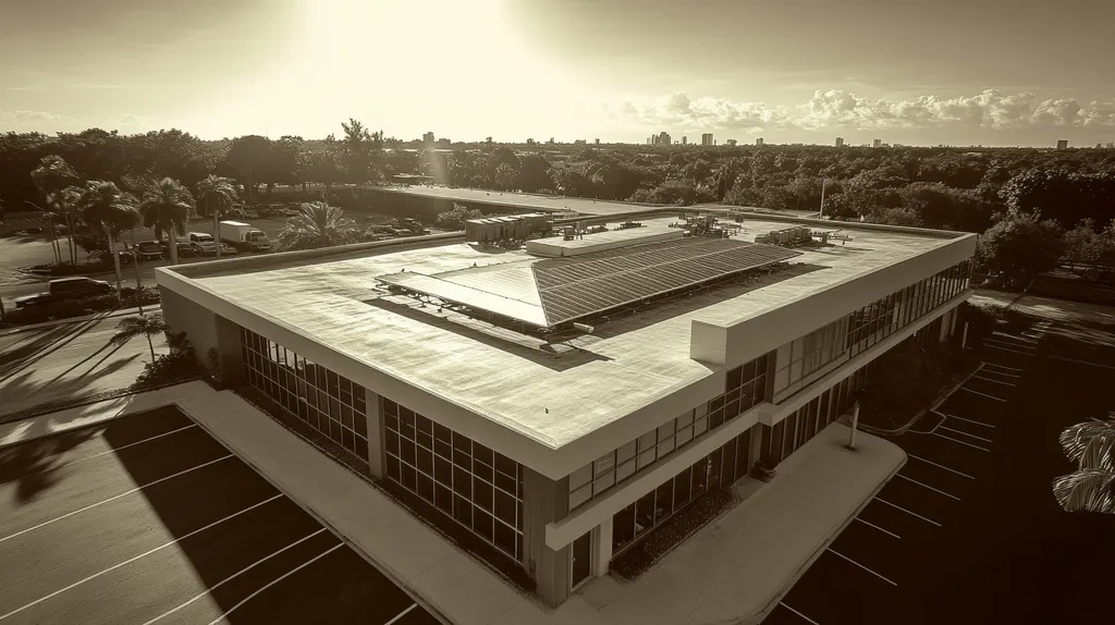 A commercial roof on a public library in a location similar to Miami with a tintype aesthetic (AI image)
