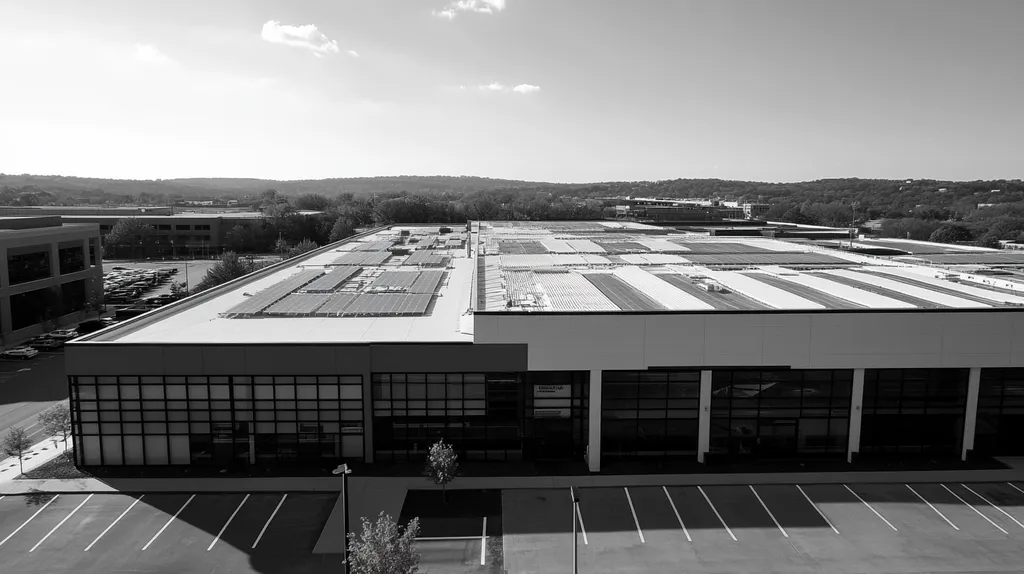 A commercial roof on a public library in a location similar to Nashville with a black and white photography aesthetic (AI image)