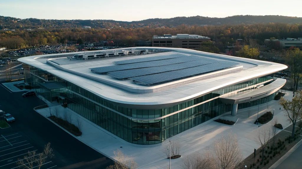 A commercial roof on a public library in a location similar to Nashville with a futuristic aesthetic (AI image)