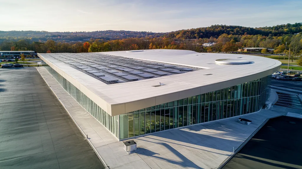 A commercial roof on a public library in a location similar to Nashville with a futuristic aesthetic (AI image)
