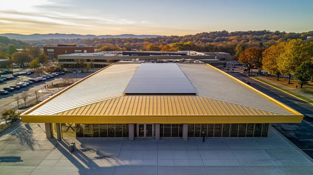 A commercial roof on a public library in a location similar to Nashville with a solid gold aesthetic (AI image)