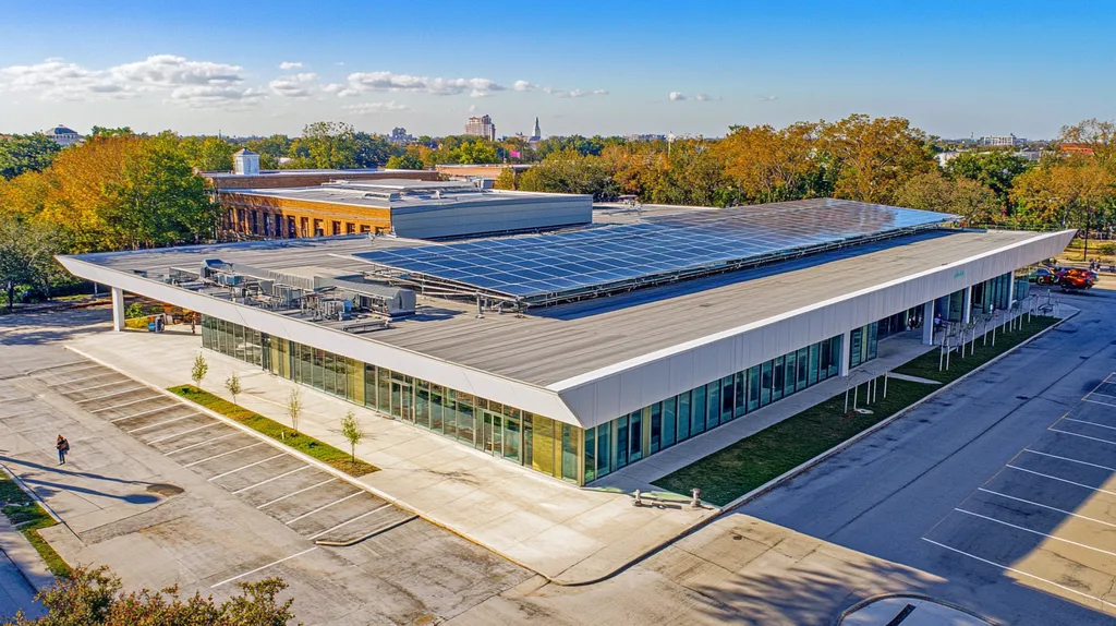 A commercial roof on a public library in a location similar to New Orleans with a cross-processed look aesthetic (AI image)