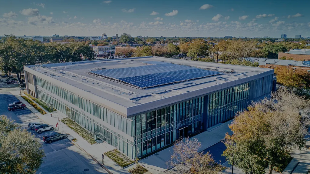 A commercial roof on a public library in a location similar to New Orleans with a cross-processed look aesthetic (AI image)