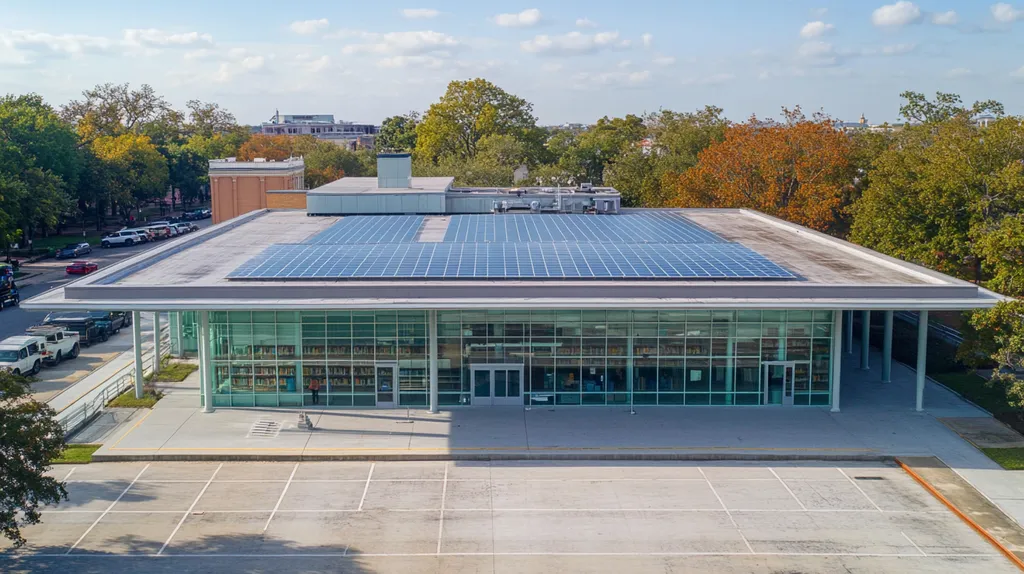 A commercial roof on a public library in a location similar to New Orleans with a cross-processed look aesthetic (AI image)