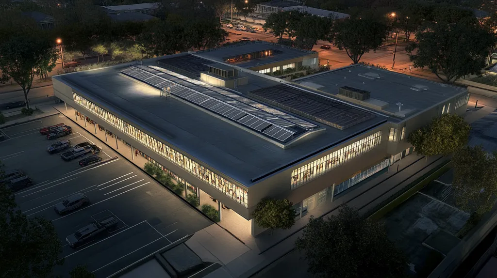A commercial roof on a public library in a location similar to New Orleans with an illuminated nightscape aesthetic (AI image)