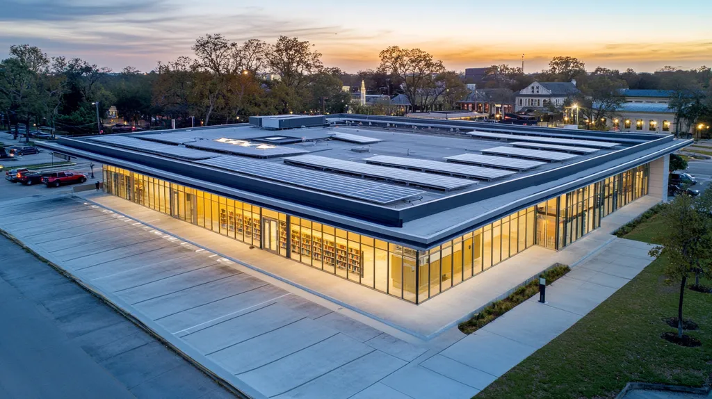 A commercial roof on a public library in a location similar to New Orleans with an illuminated nightscape aesthetic (AI image)