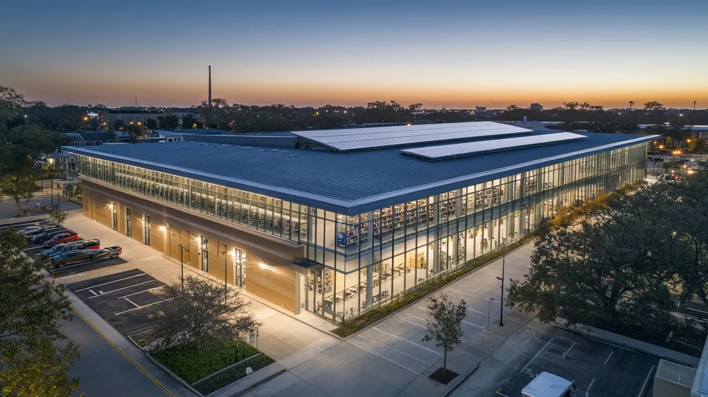 A commercial roof on a public library in a location similar to New Orleans with an illuminated nightscape aesthetic (AI image)