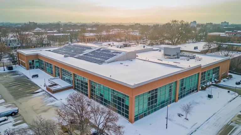 A commercial roof on a public library in a location similar to New Orleans with a snowy day aesthetic (AI image)