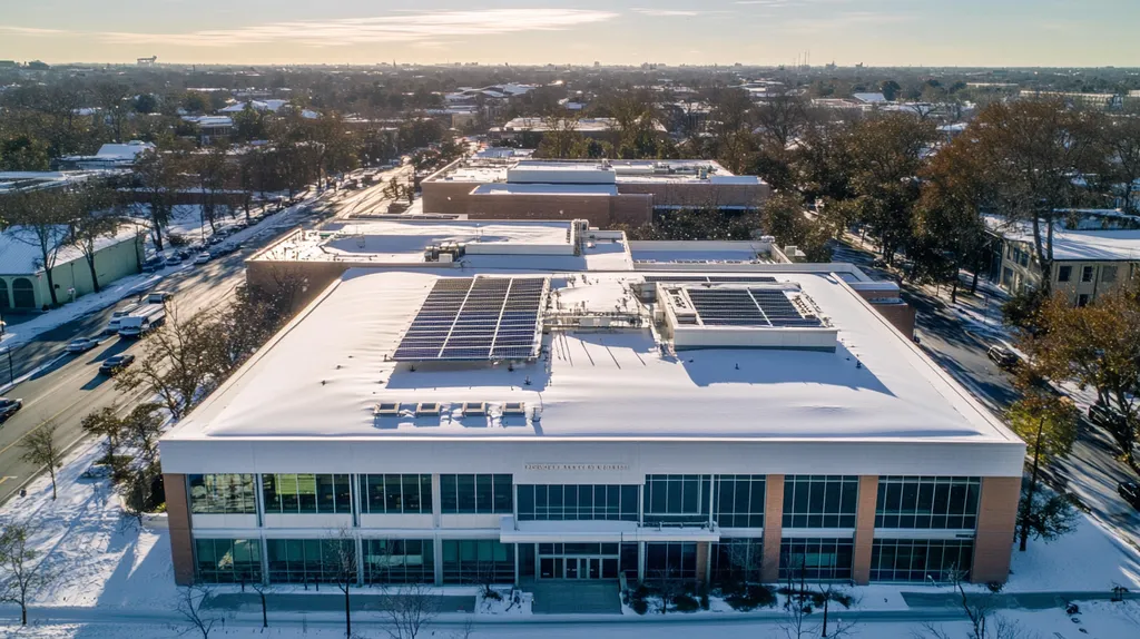 A commercial roof on a public library in a location similar to New Orleans with a snowy day aesthetic (AI image)