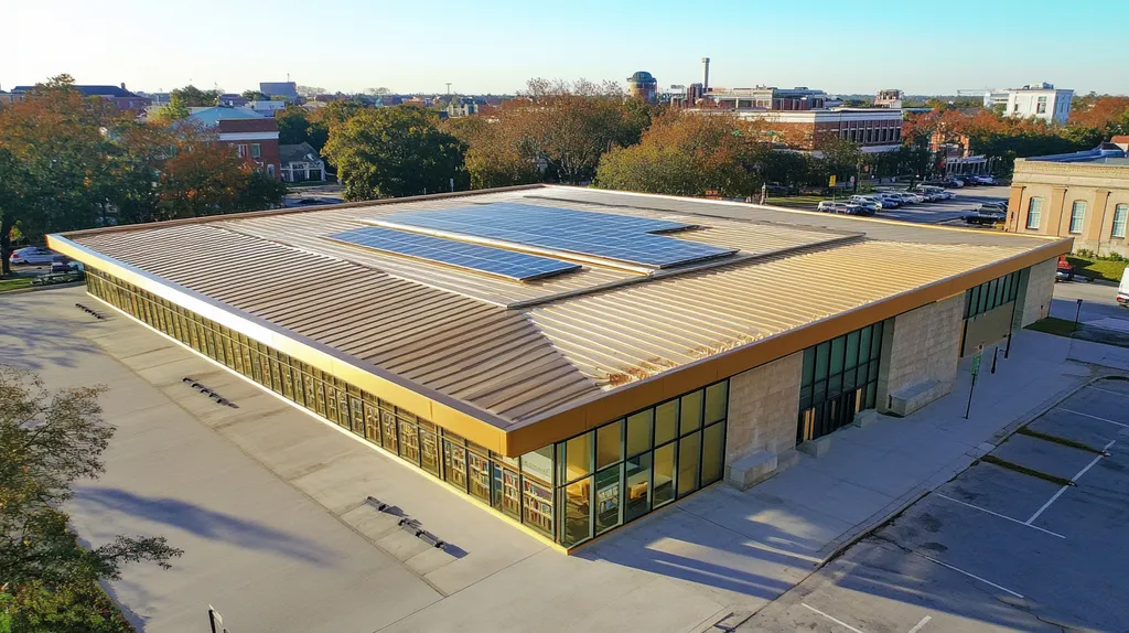 A commercial roof on a public library in a location similar to New Orleans with a solid gold aesthetic (AI image)