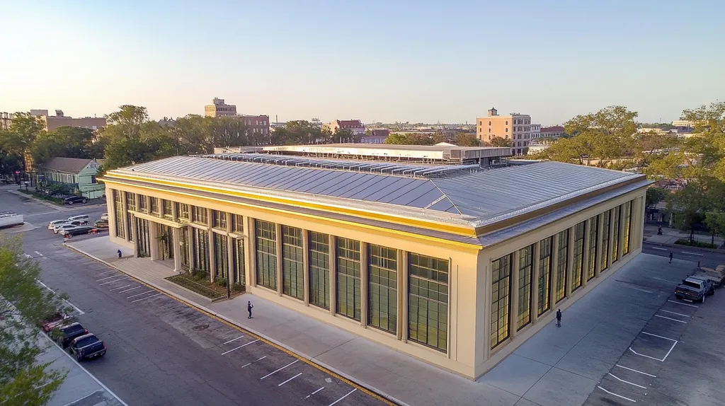 A commercial roof on a public library in a location similar to New Orleans with a solid gold aesthetic (AI image)