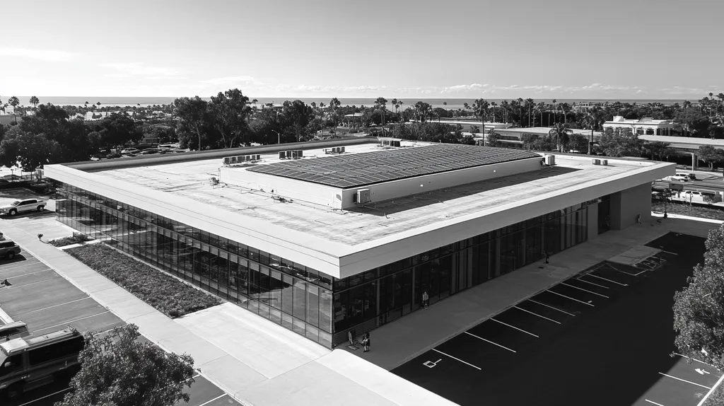 A commercial roof on a public library in a location similar to Newport Beach with a black and white photography aesthetic (AI image)