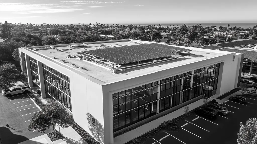 A commercial roof on a public library in a location similar to Newport Beach with a black and white photography aesthetic (AI image)