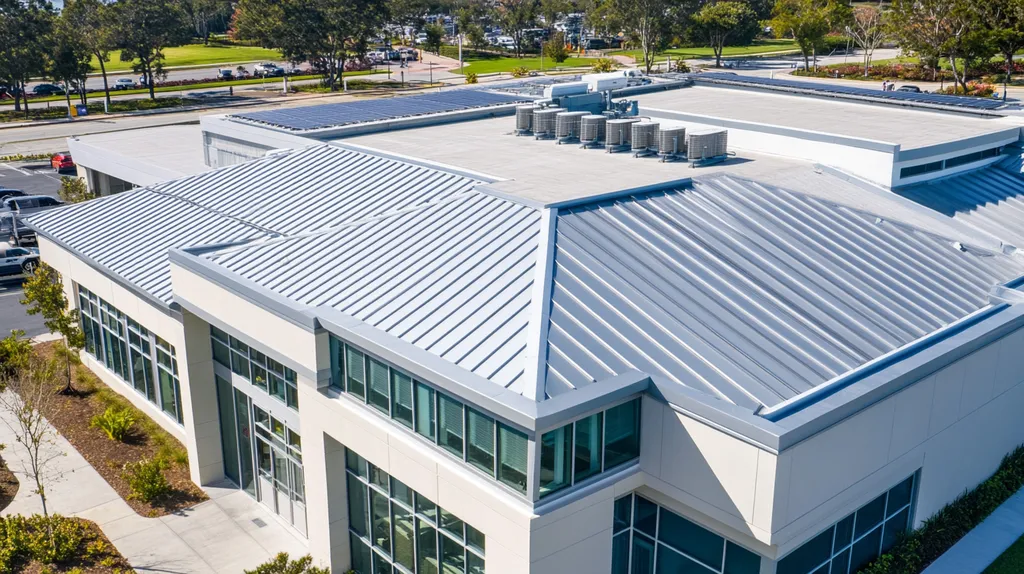 A commercial roof on a public library in a location similar to Newport Beach with a stainless steel aesthetic (AI image)