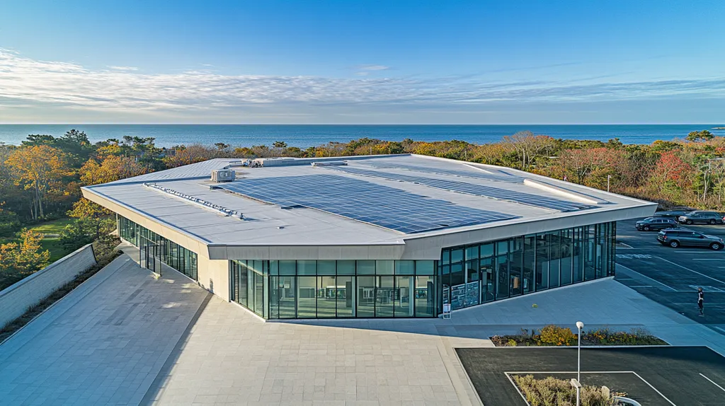 A commercial roof on a public library in a location similar to Newport, Rhode Island with an architectural photography aesthetic (AI image)