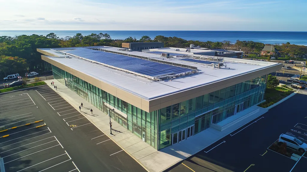 A commercial roof on a public library in a location similar to Newport, Rhode Island with an architectural photography aesthetic (AI image)