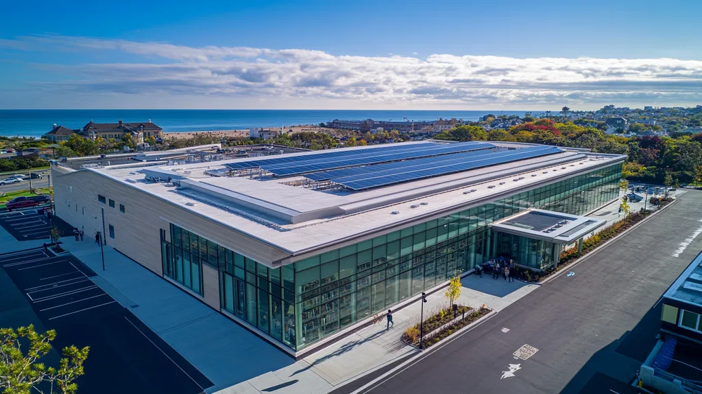 A commercial roof on a public library in a location similar to Newport, Rhode Island with an architectural photography aesthetic (AI image)