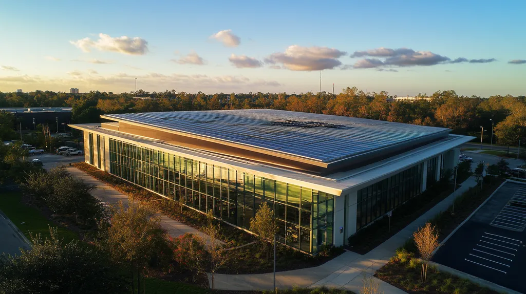 A commercial roof on a public library in a location similar to Orlando with an ethereal glow aesthetic (AI image)