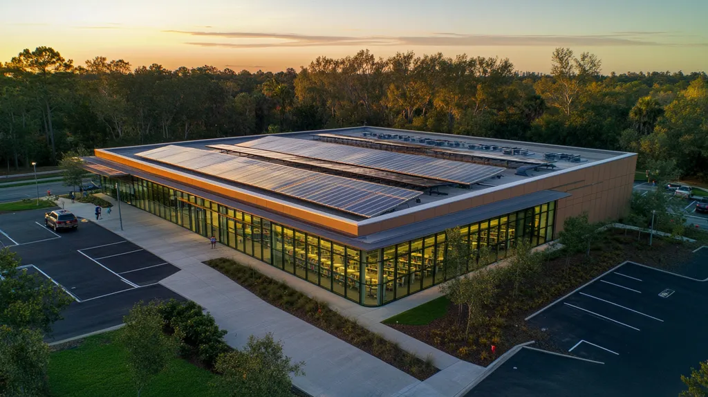 A commercial roof on a public library in a location similar to Orlando with an ethereal glow aesthetic (AI image)