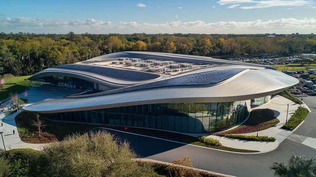 A commercial roof on a public library in a location similar to Orlando with a futuristic aesthetic (AI image)
