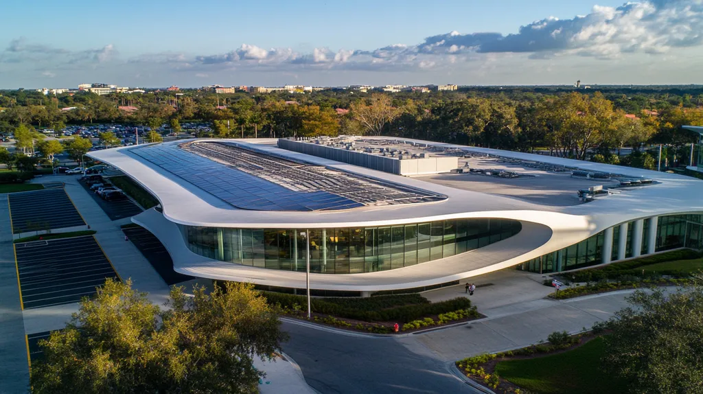 A commercial roof on a public library in a location similar to Orlando with a futuristic aesthetic (AI image)
