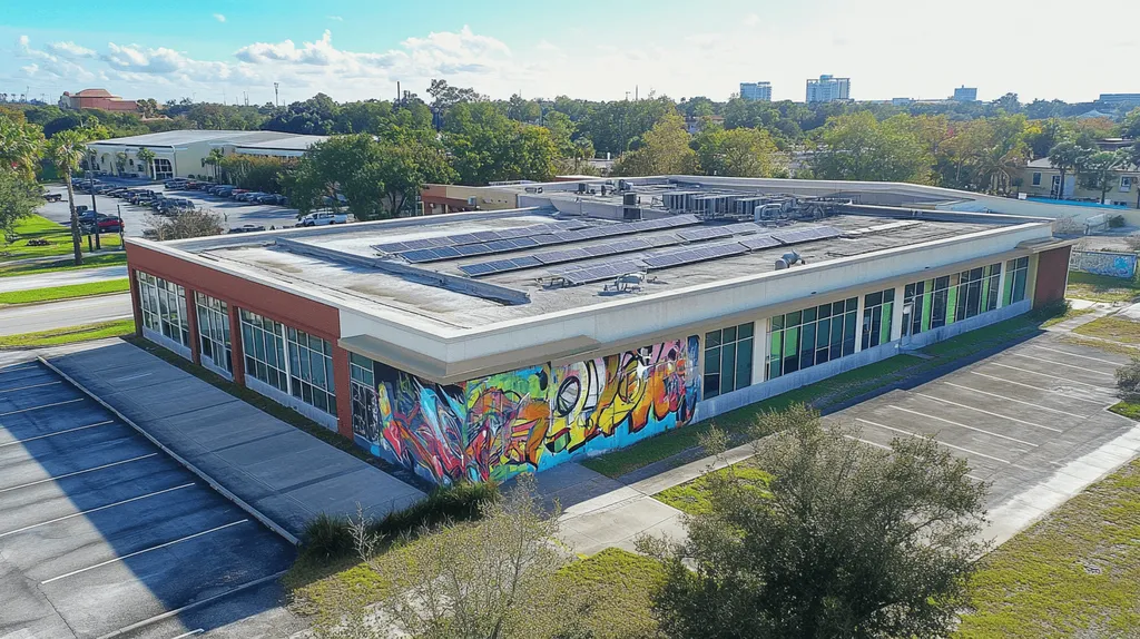 A commercial roof on a public library in a location similar to Orlando with a graffiti mural aesthetic (AI image)