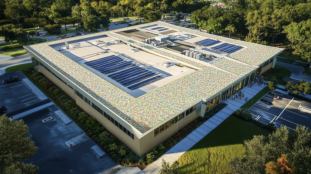 A commercial roof on a public library in a location similar to Orlando with a mosaic tile art aesthetic (AI image)