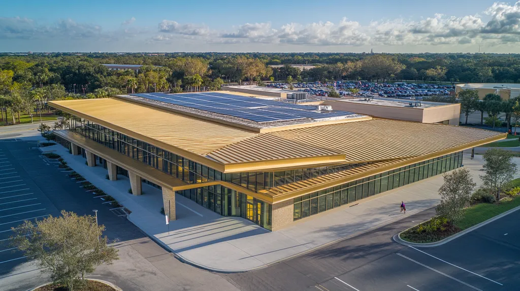A commercial roof on a public library in a location similar to Orlando with a solid gold aesthetic (AI image)