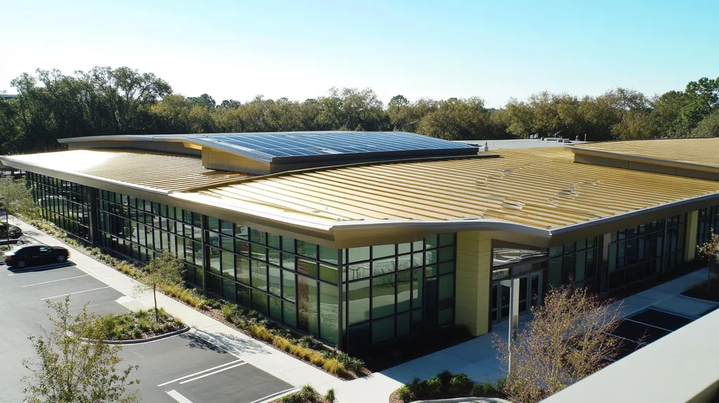 A commercial roof on a public library in a location similar to Orlando with a solid gold aesthetic (AI image)