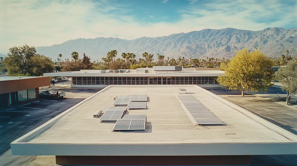 A commercial roof on a public library in a location similar to Palm Springs with a Polaroid aesthetic (AI image)