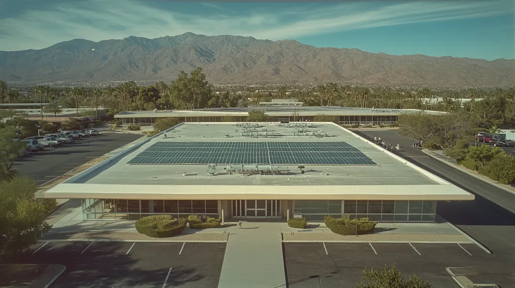 A commercial roof on a public library in a location similar to Palm Springs with a Polaroid aesthetic (AI image)