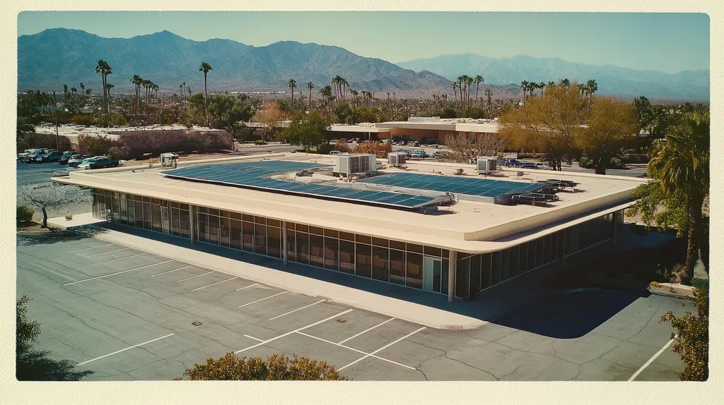 A commercial roof on a public library in a location similar to Palm Springs with a Polaroid aesthetic (AI image)