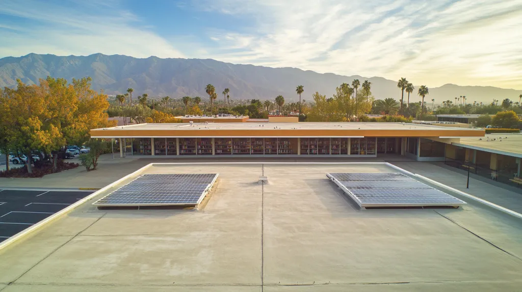 A commercial roof on a public library in a location similar to Palm Springs with a Polaroid aesthetic (AI image)