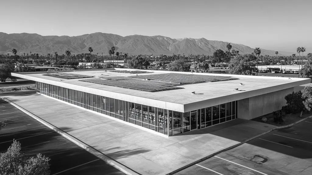 A commercial roof on a public library in a location similar to Palm Springs with a black and white photography aesthetic (AI image)
