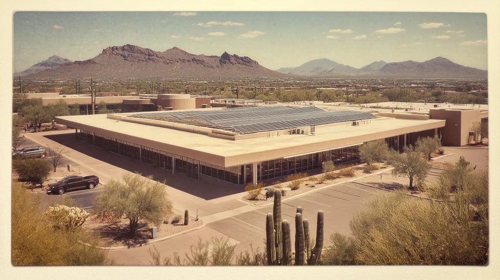 A commercial roof on a public library in a location similar to Phoenix with a Polaroid aesthetic (AI image)