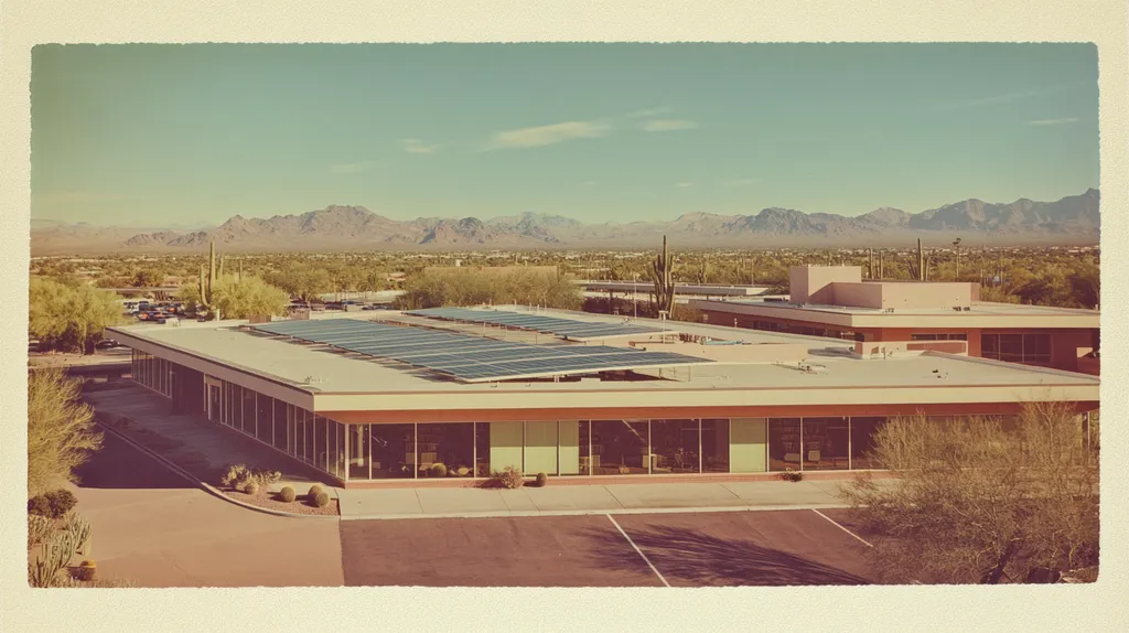 A commercial roof on a public library in a location similar to Phoenix with a Polaroid aesthetic (AI image)