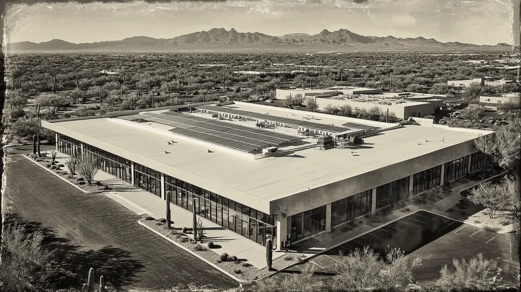 A commercial roof on a public library in a location similar to Phoenix with a tintype aesthetic (AI image)