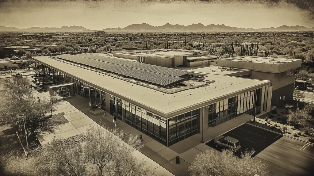 A commercial roof on a public library in a location similar to Phoenix with a tintype aesthetic (AI image)