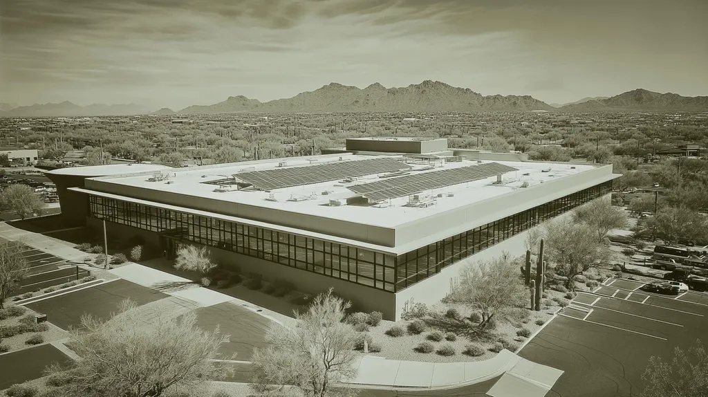 A commercial roof on a public library in a location similar to Phoenix with a Tintype aesthetic (AI image)
