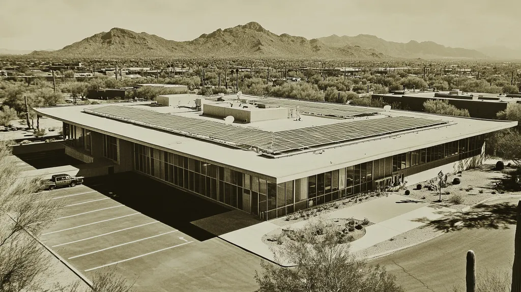 A commercial roof on a public library in a location similar to Phoenix with a tintype aesthetic (AI image)