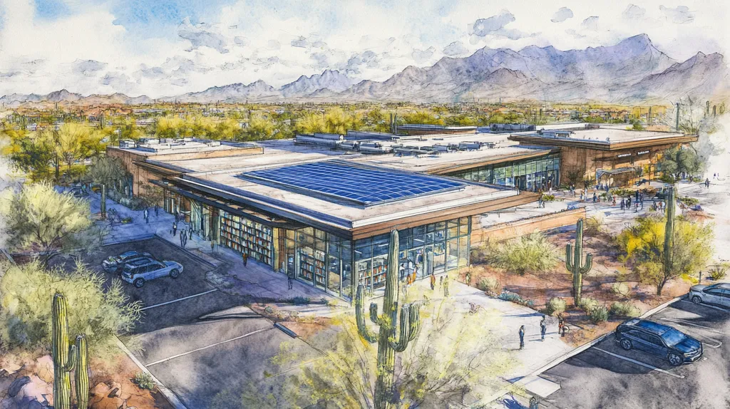A commercial roof on a public library in a location similar to Phoenix with a charcoal sketch aesthetic (AI image)