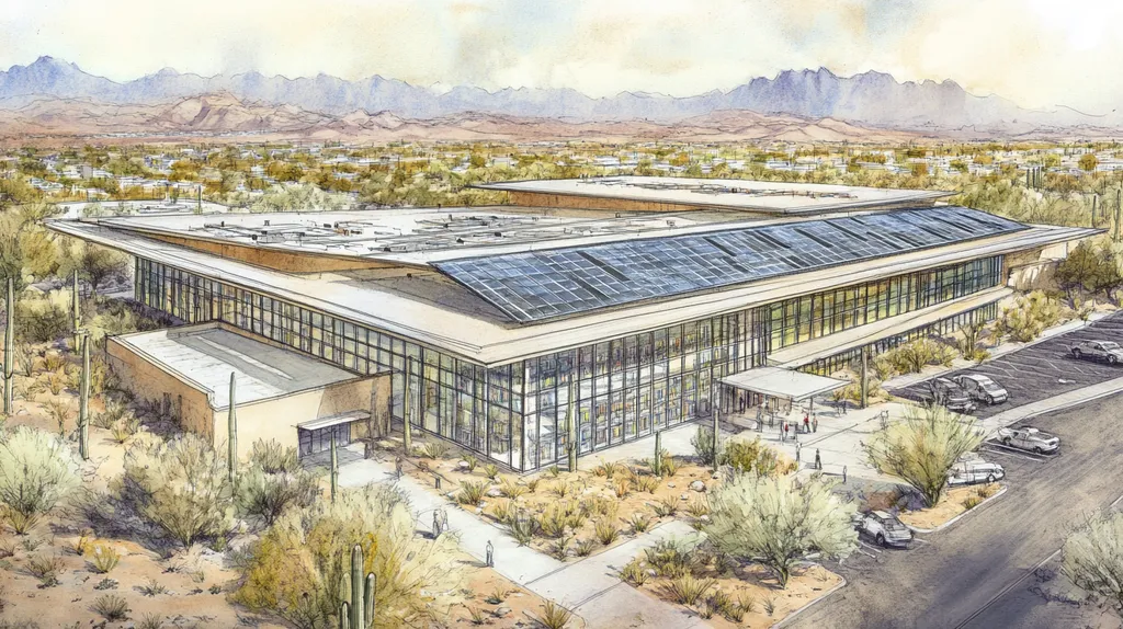 A commercial roof on a public library in a location similar to Phoenix with a charcoal sketch aesthetic (AI image)