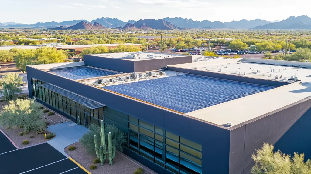A commercial roof on a public library in a location similar to Phoenix with a cross-processed look aesthetic (AI image)