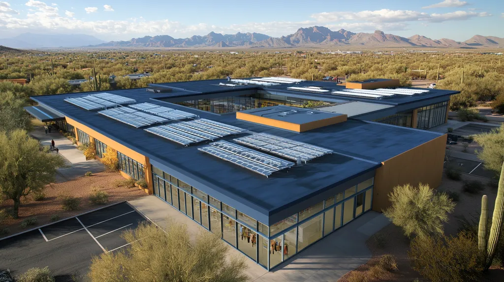 A commercial roof on a public library in a location similar to Phoenix with a cross-processed look aesthetic (AI image)